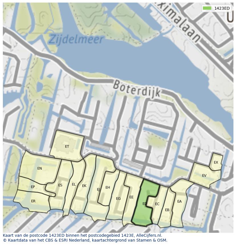 Afbeelding van het postcodegebied 1423 ED op de kaart.