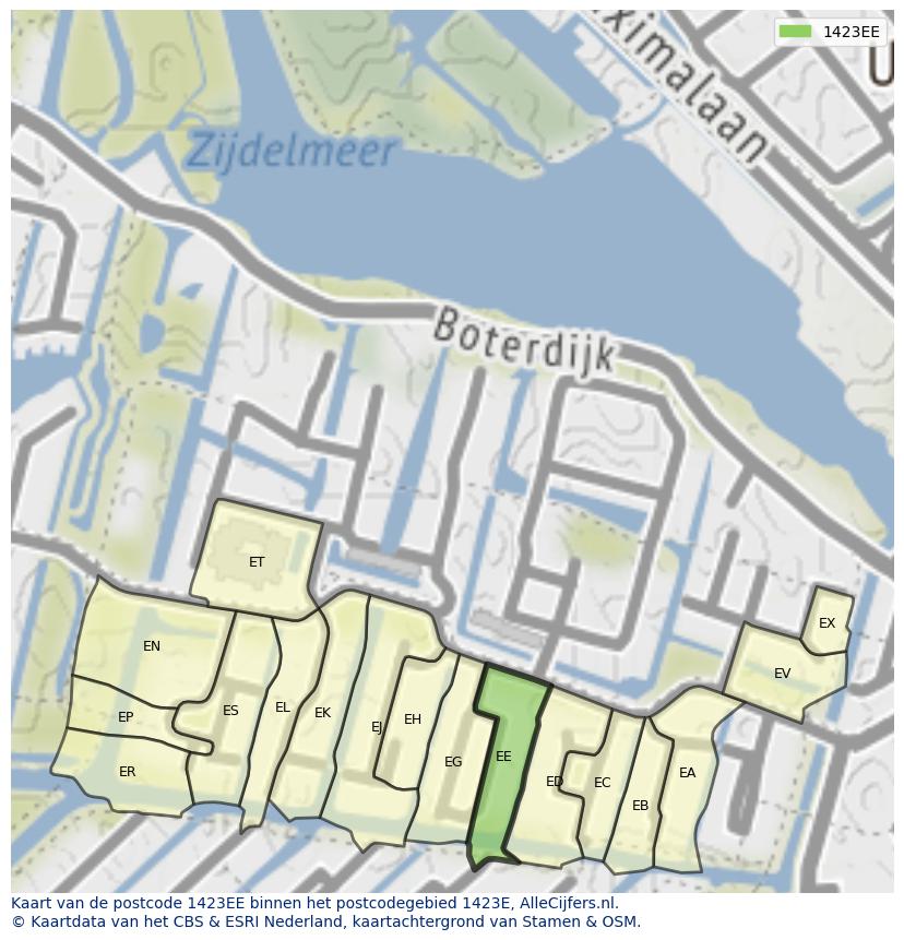 Afbeelding van het postcodegebied 1423 EE op de kaart.