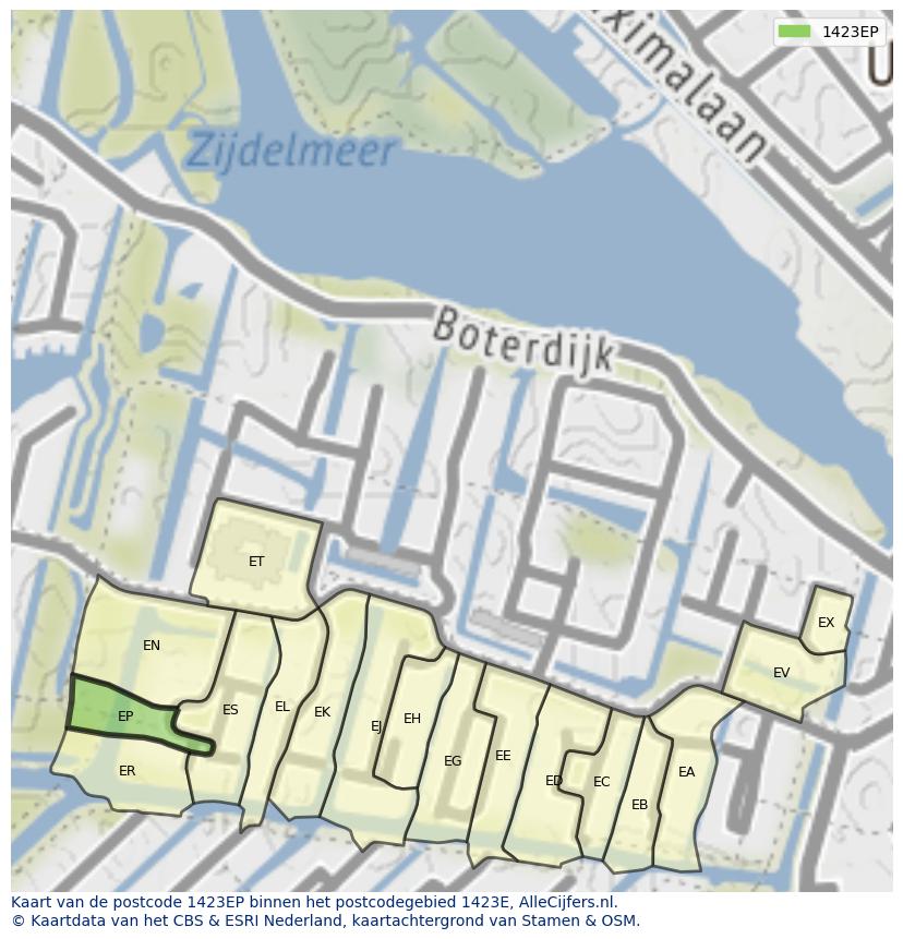 Afbeelding van het postcodegebied 1423 EP op de kaart.