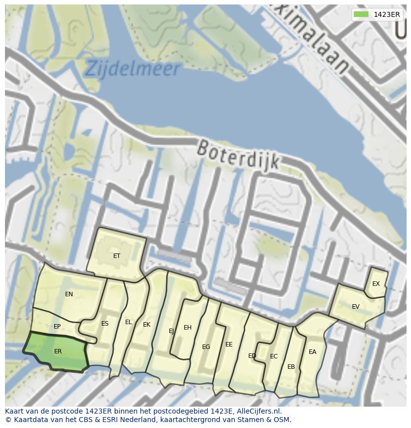 Afbeelding van het postcodegebied 1423 ER op de kaart.