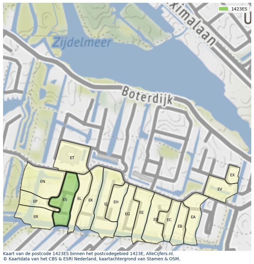 Afbeelding van het postcodegebied 1423 ES op de kaart.