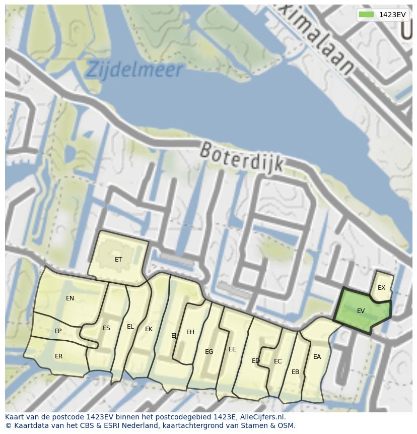 Afbeelding van het postcodegebied 1423 EV op de kaart.