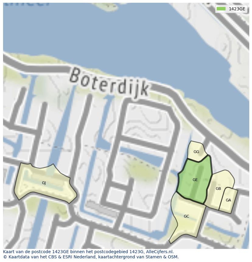 Afbeelding van het postcodegebied 1423 GE op de kaart.