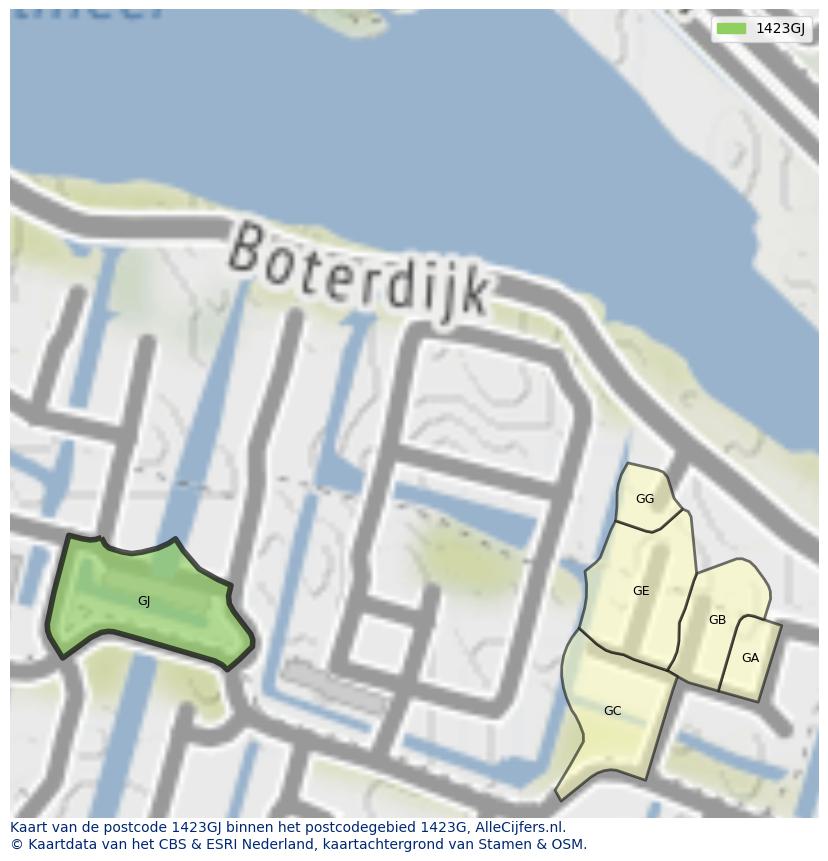 Afbeelding van het postcodegebied 1423 GJ op de kaart.