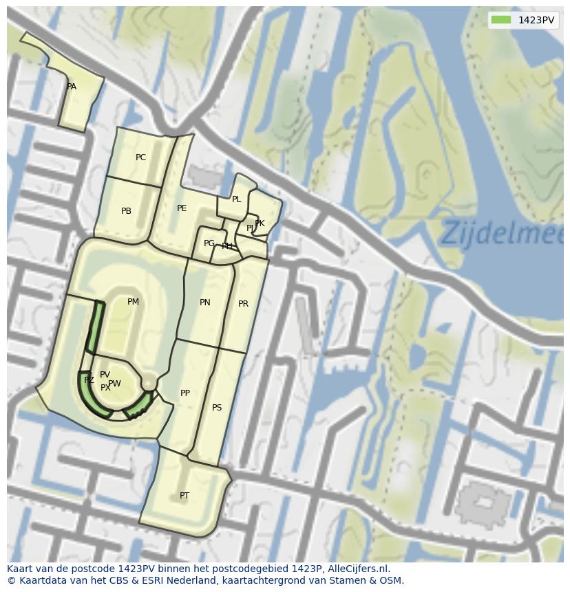 Afbeelding van het postcodegebied 1423 PV op de kaart.