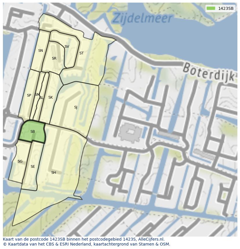 Afbeelding van het postcodegebied 1423 SB op de kaart.