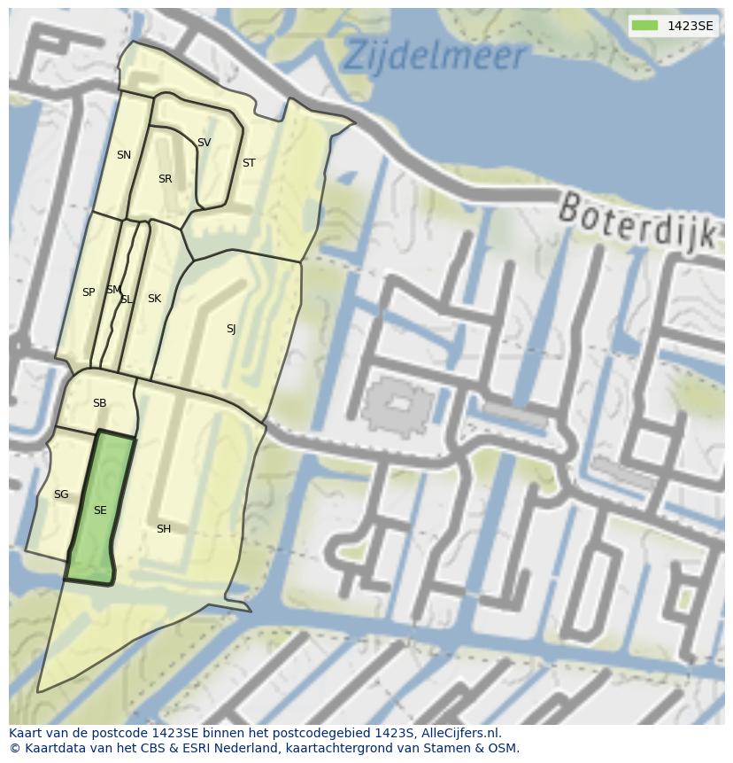Afbeelding van het postcodegebied 1423 SE op de kaart.