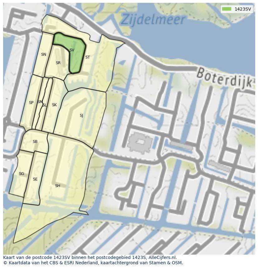 Afbeelding van het postcodegebied 1423 SV op de kaart.