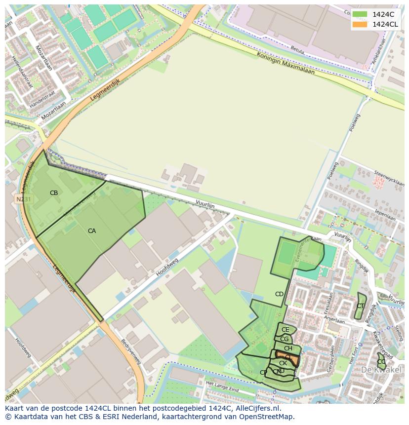 Afbeelding van het postcodegebied 1424 CL op de kaart.