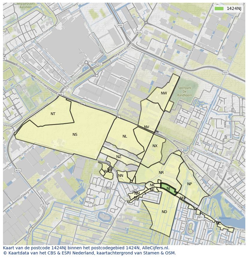 Afbeelding van het postcodegebied 1424 NJ op de kaart.