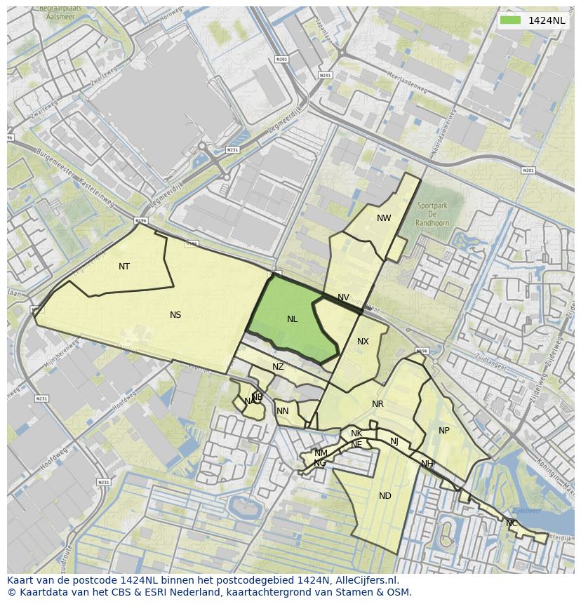 Afbeelding van het postcodegebied 1424 NL op de kaart.