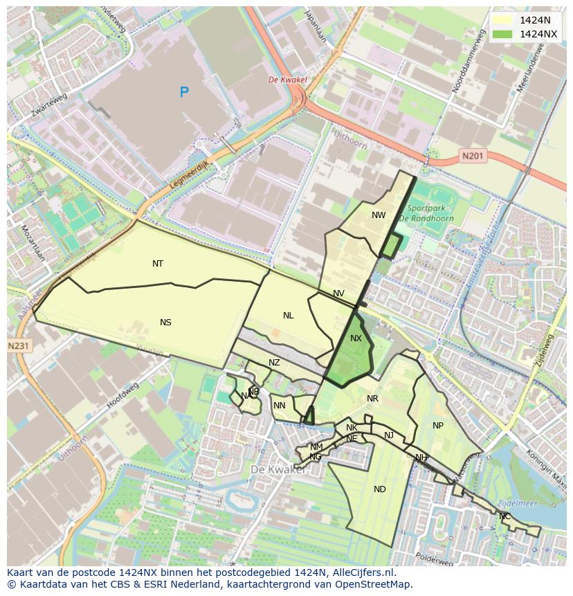 Afbeelding van het postcodegebied 1424 NX op de kaart.