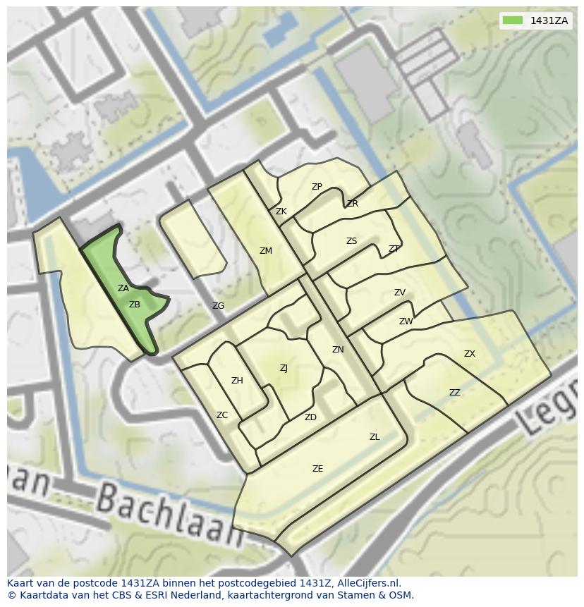 Afbeelding van het postcodegebied 1431 ZA op de kaart.