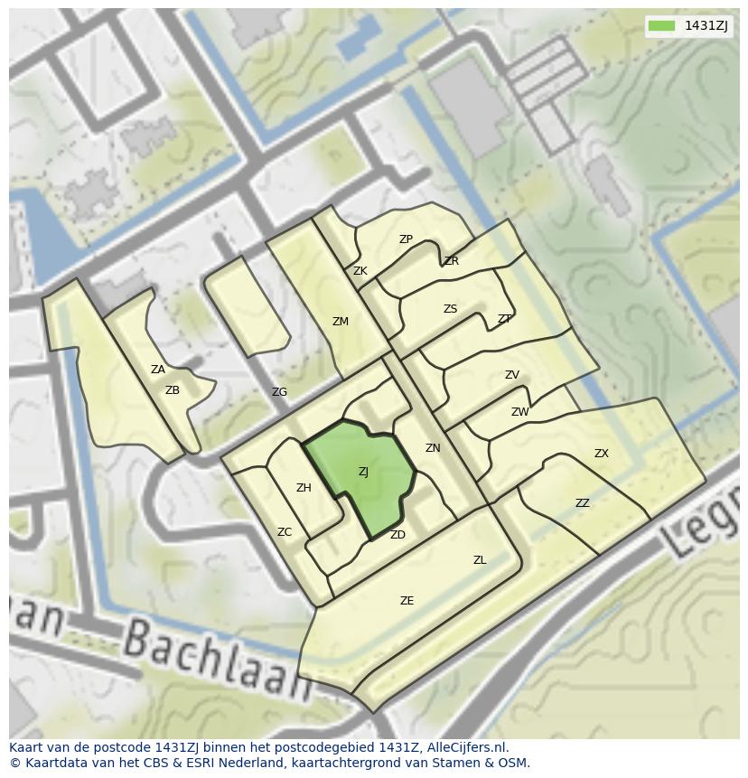 Afbeelding van het postcodegebied 1431 ZJ op de kaart.