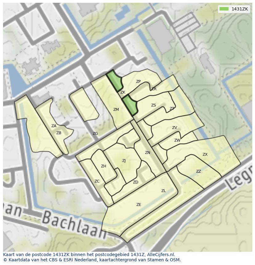 Afbeelding van het postcodegebied 1431 ZK op de kaart.