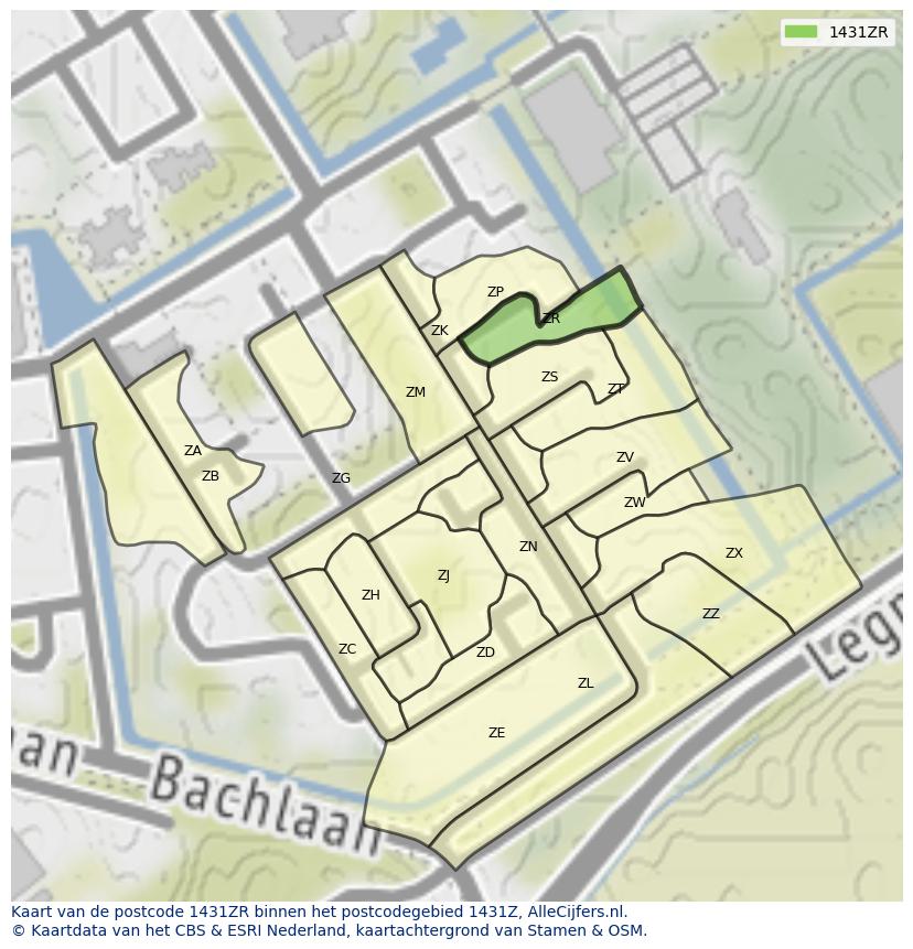 Afbeelding van het postcodegebied 1431 ZR op de kaart.