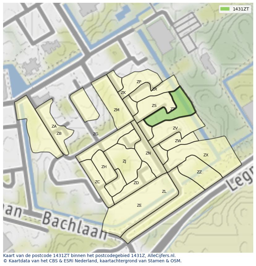 Afbeelding van het postcodegebied 1431 ZT op de kaart.