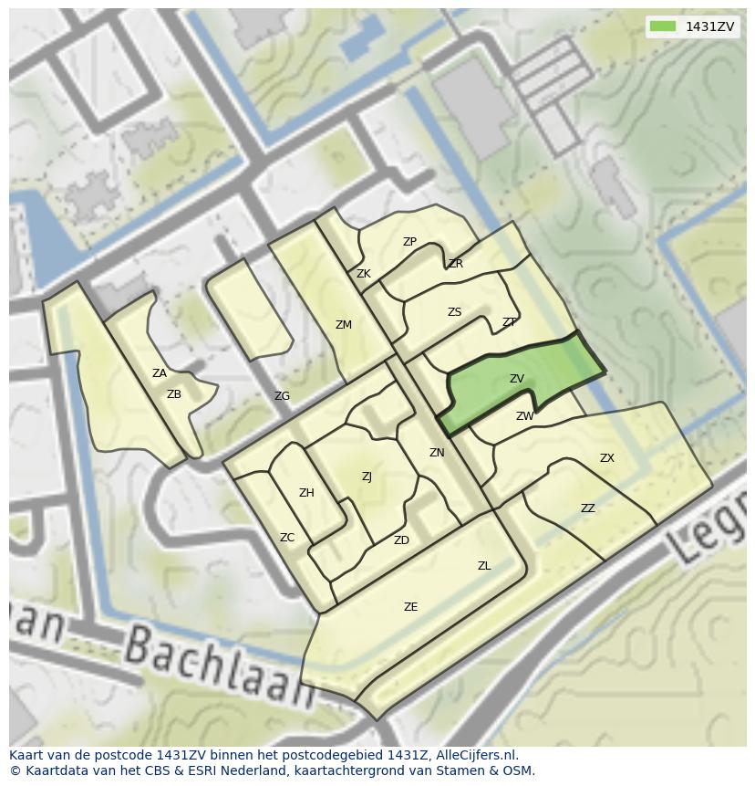Afbeelding van het postcodegebied 1431 ZV op de kaart.