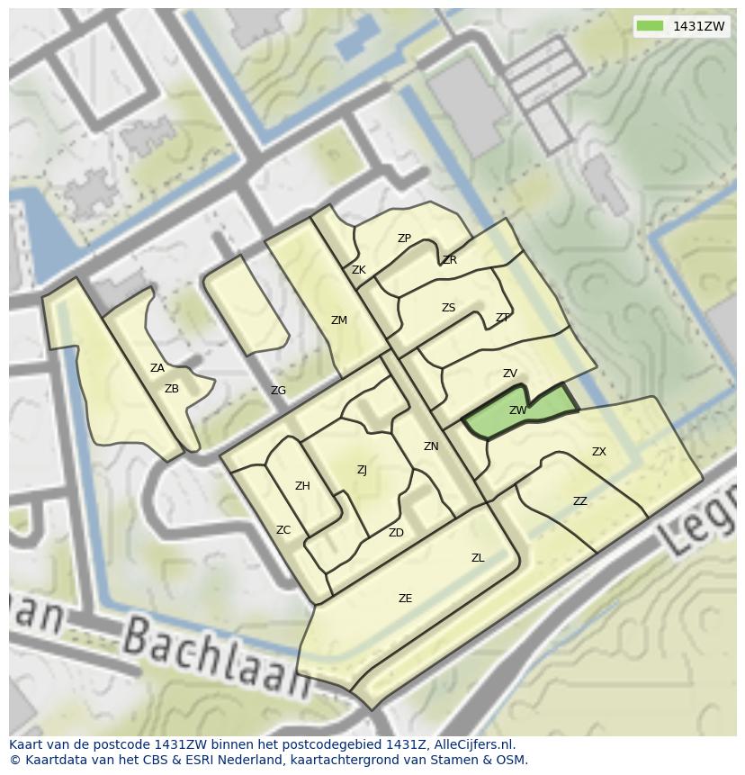Afbeelding van het postcodegebied 1431 ZW op de kaart.