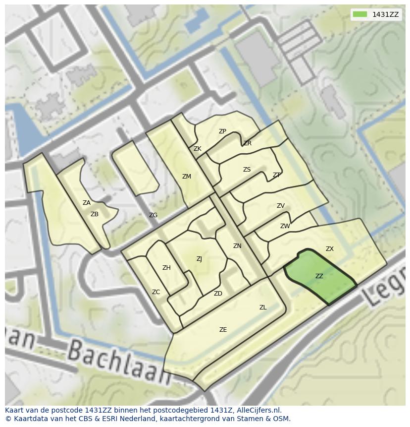 Afbeelding van het postcodegebied 1431 ZZ op de kaart.