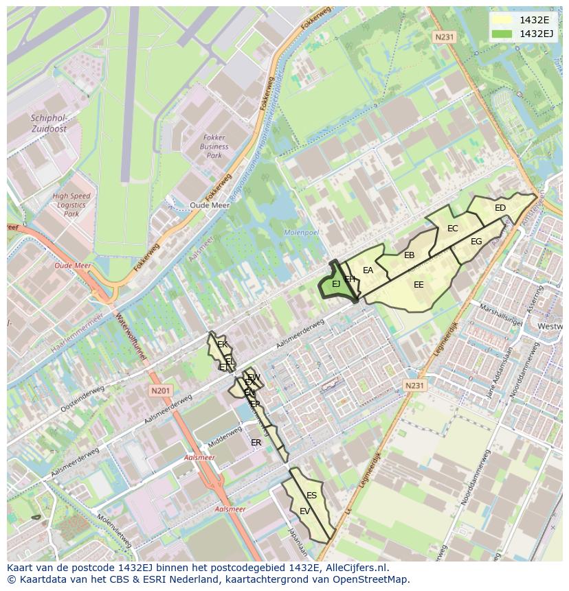 Afbeelding van het postcodegebied 1432 EJ op de kaart.