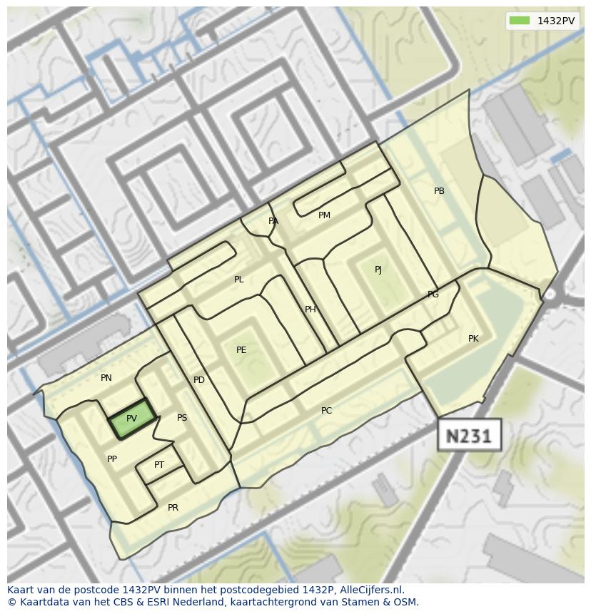 Afbeelding van het postcodegebied 1432 PV op de kaart.