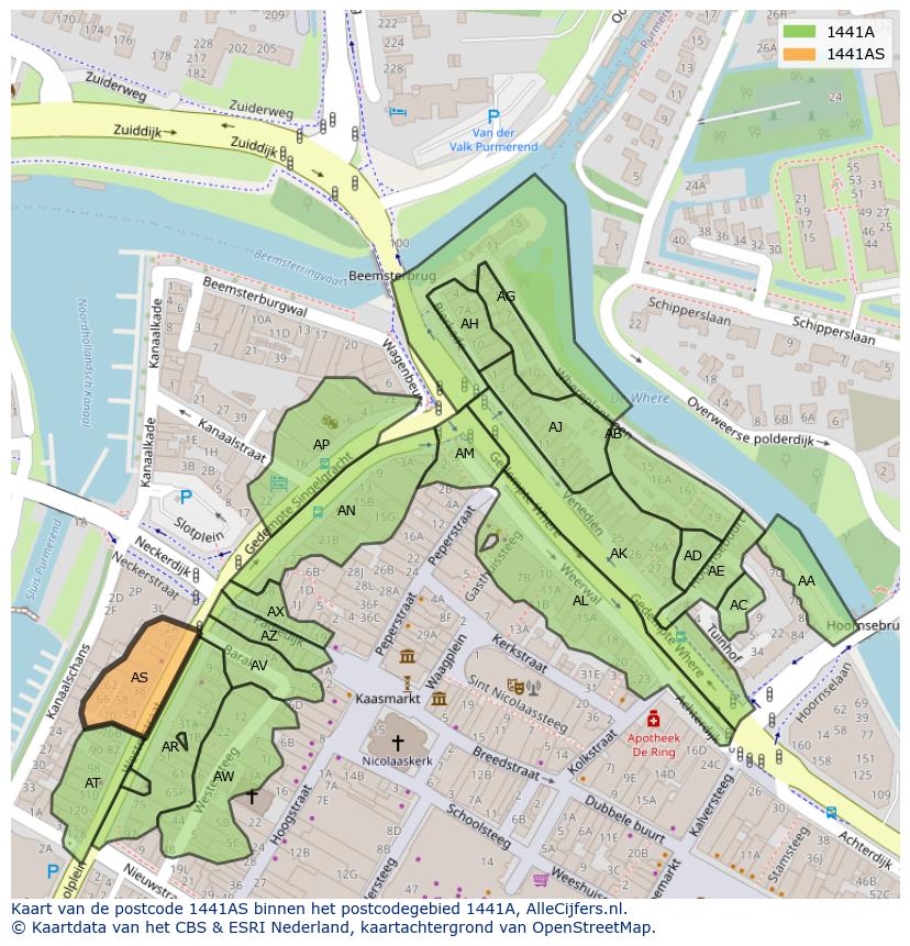 Afbeelding van het postcodegebied 1441 AS op de kaart.