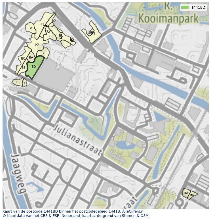 Afbeelding van het postcodegebied 1441 BD op de kaart.