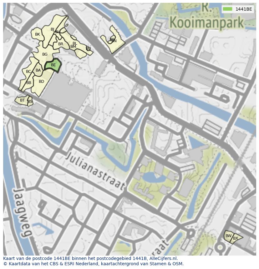 Afbeelding van het postcodegebied 1441 BE op de kaart.