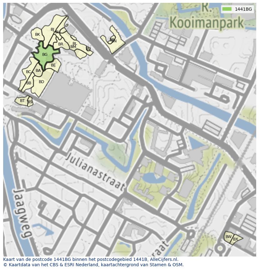 Afbeelding van het postcodegebied 1441 BG op de kaart.