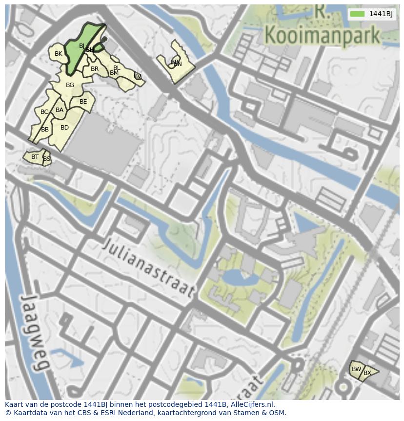 Afbeelding van het postcodegebied 1441 BJ op de kaart.