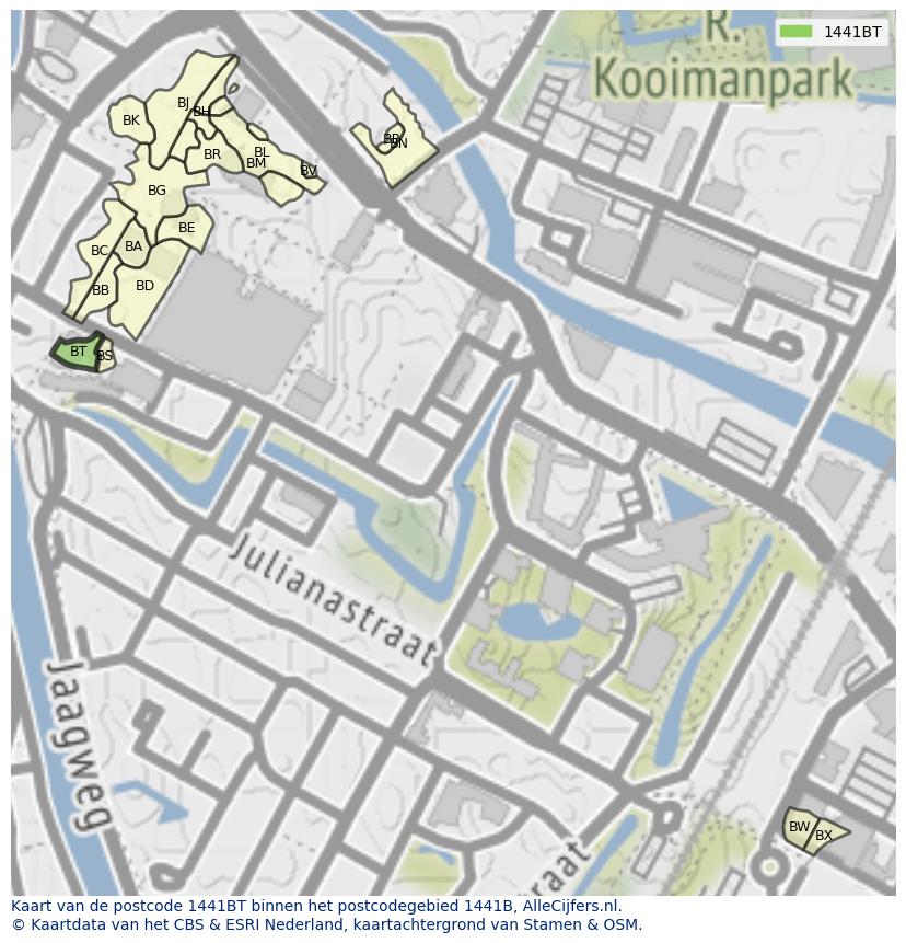 Afbeelding van het postcodegebied 1441 BT op de kaart.