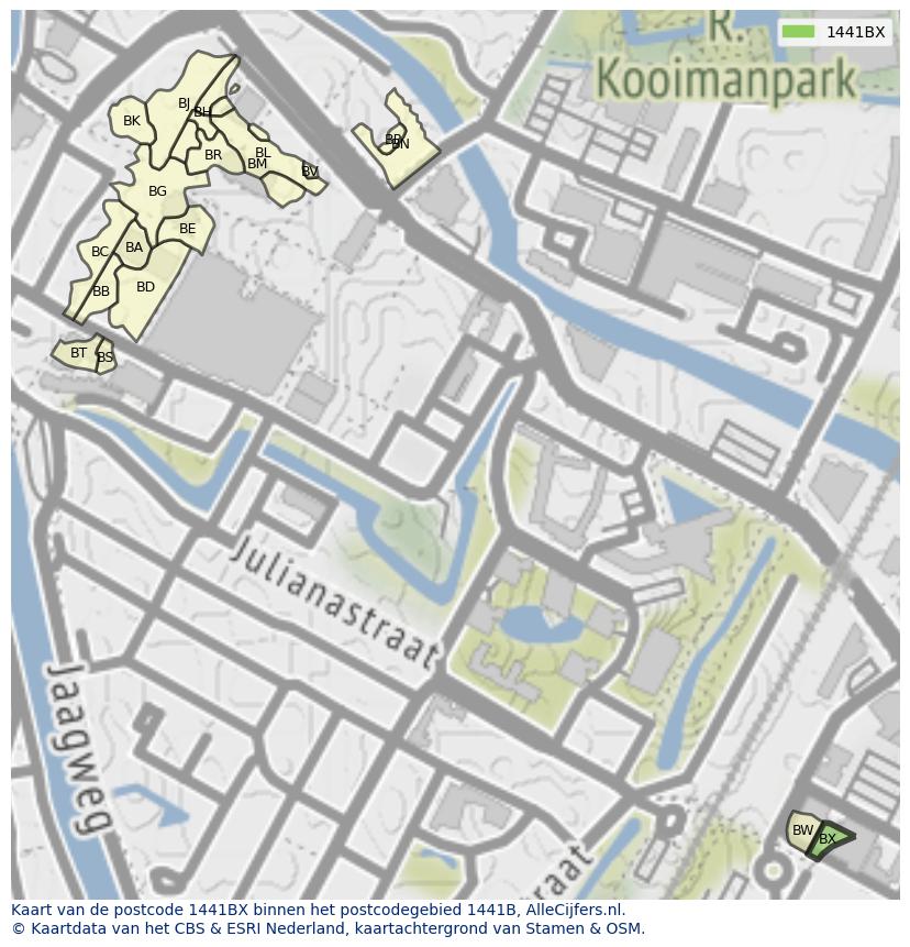 Afbeelding van het postcodegebied 1441 BX op de kaart.