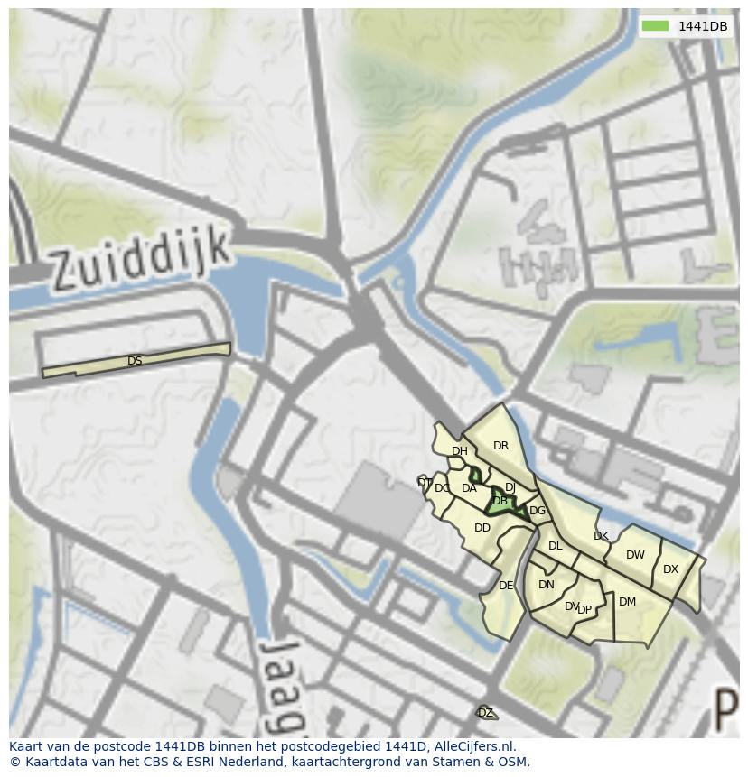 Afbeelding van het postcodegebied 1441 DB op de kaart.