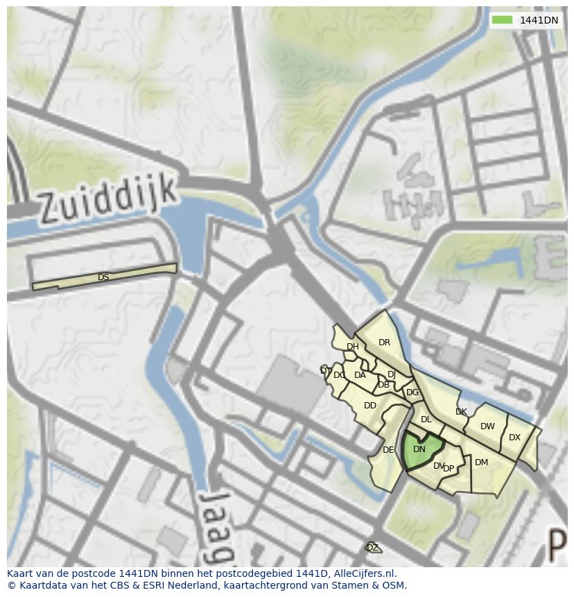 Afbeelding van het postcodegebied 1441 DN op de kaart.