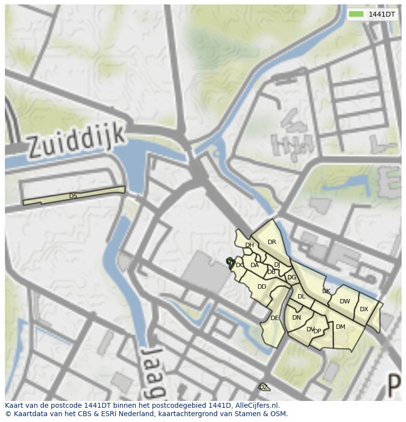 Afbeelding van het postcodegebied 1441 DT op de kaart.