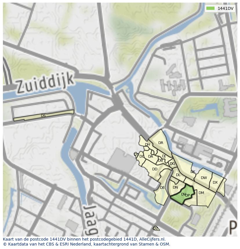 Afbeelding van het postcodegebied 1441 DV op de kaart.