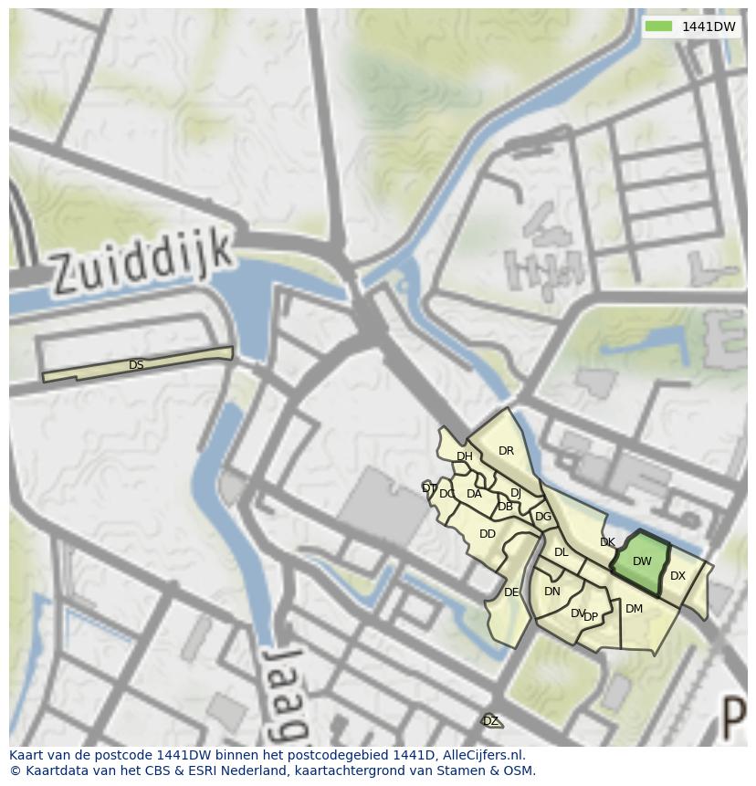 Afbeelding van het postcodegebied 1441 DW op de kaart.