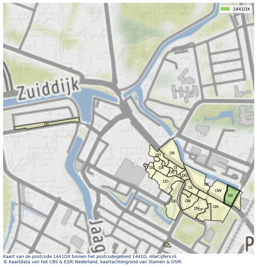 Afbeelding van het postcodegebied 1441 DX op de kaart.