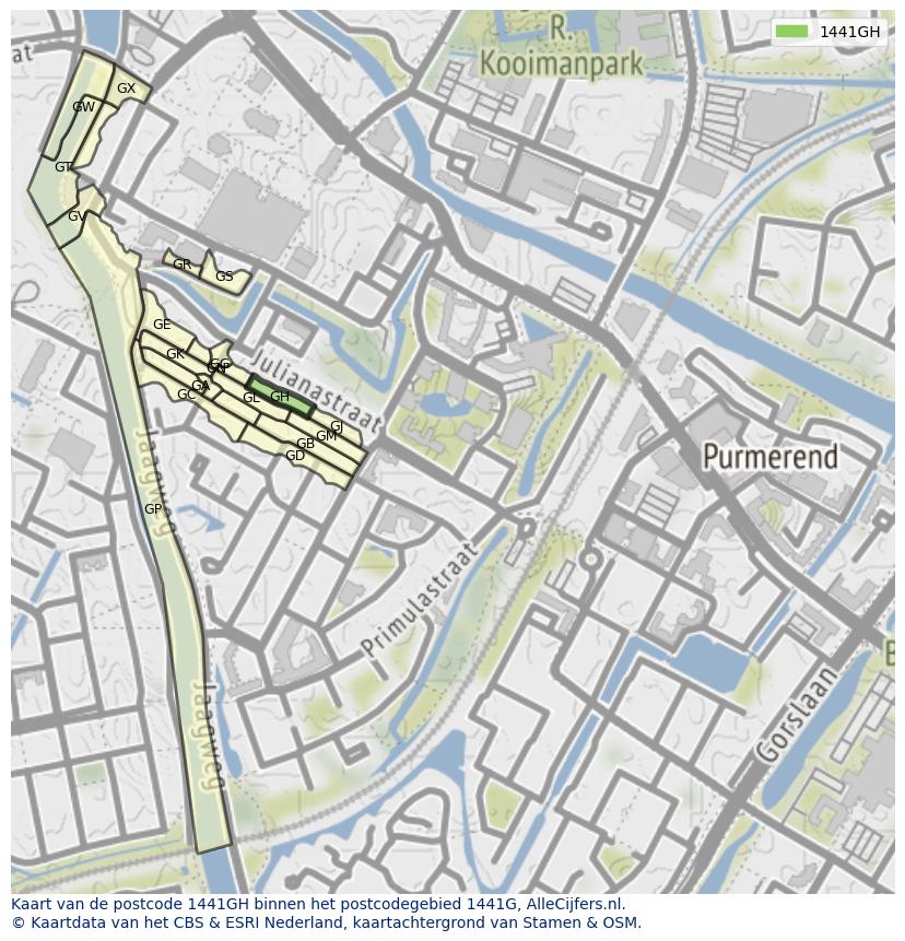 Afbeelding van het postcodegebied 1441 GH op de kaart.