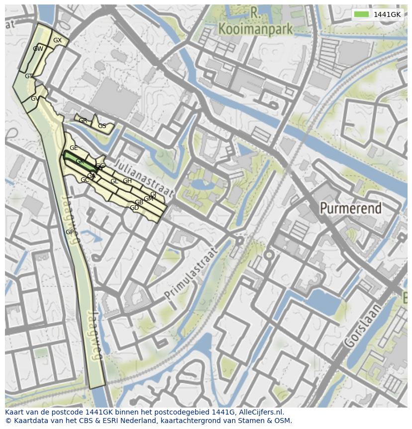 Afbeelding van het postcodegebied 1441 GK op de kaart.