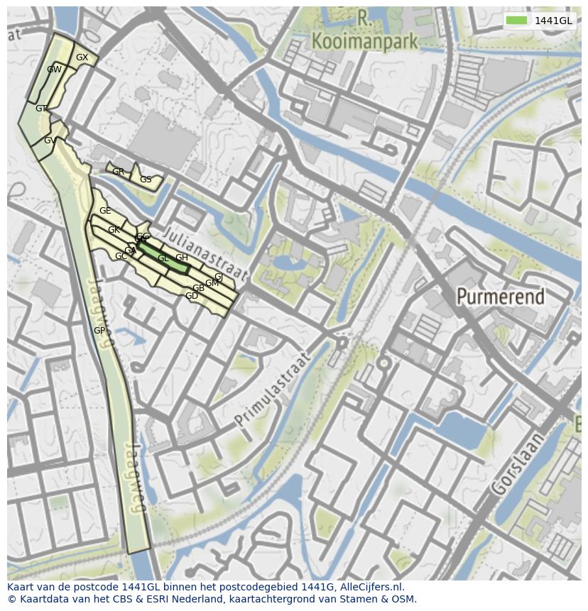 Afbeelding van het postcodegebied 1441 GL op de kaart.