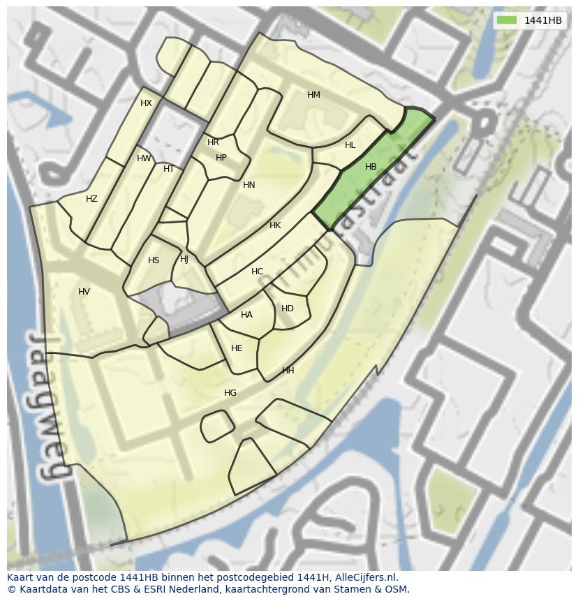 Afbeelding van het postcodegebied 1441 HB op de kaart.