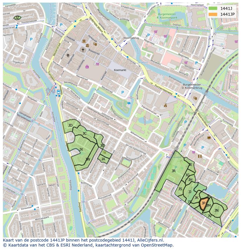 Afbeelding van het postcodegebied 1441 JP op de kaart.