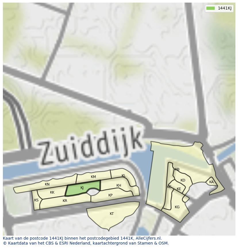 Afbeelding van het postcodegebied 1441 KJ op de kaart.