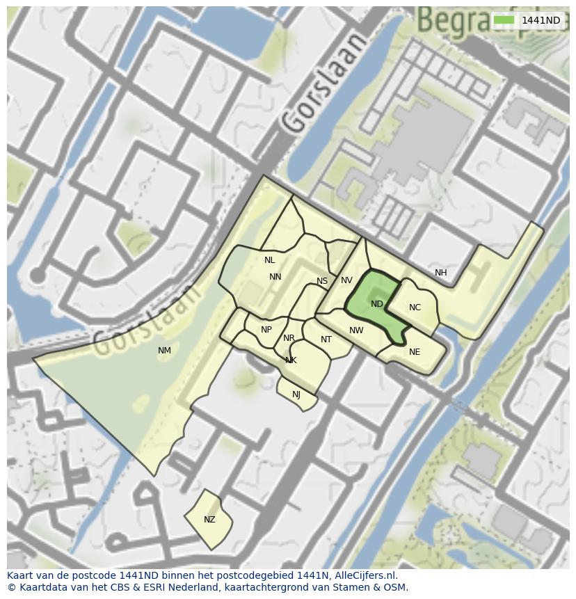 Afbeelding van het postcodegebied 1441 ND op de kaart.