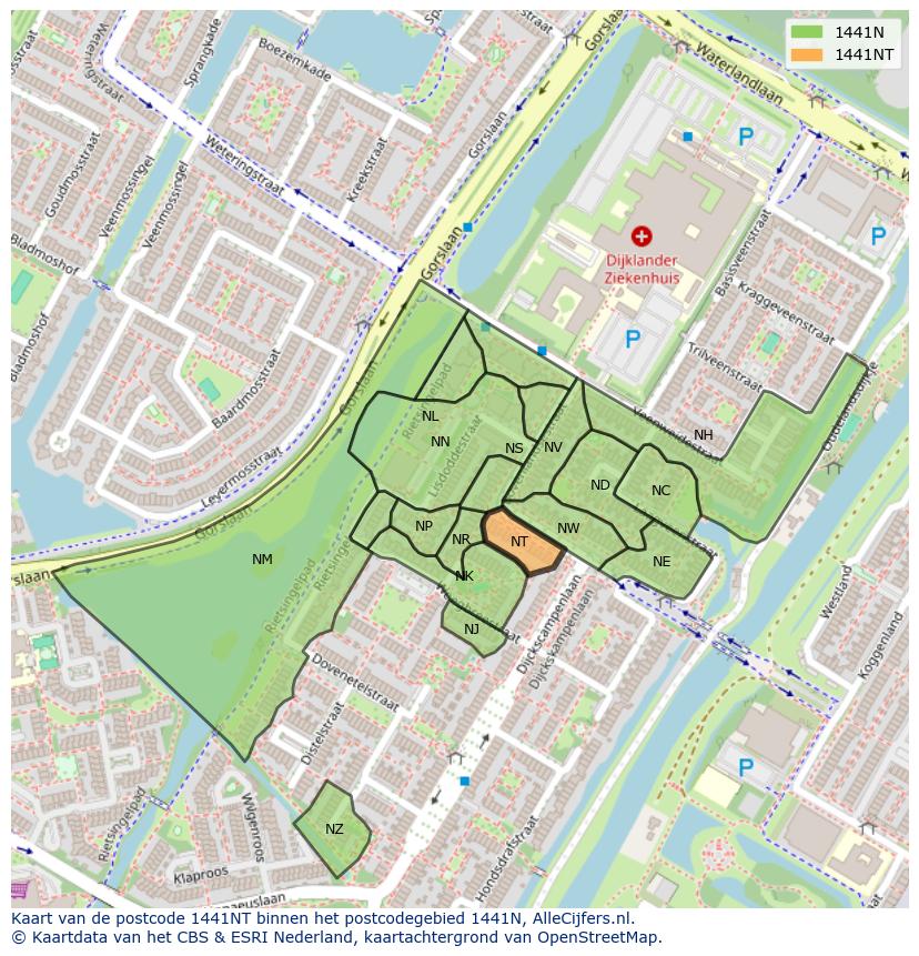 Afbeelding van het postcodegebied 1441 NT op de kaart.