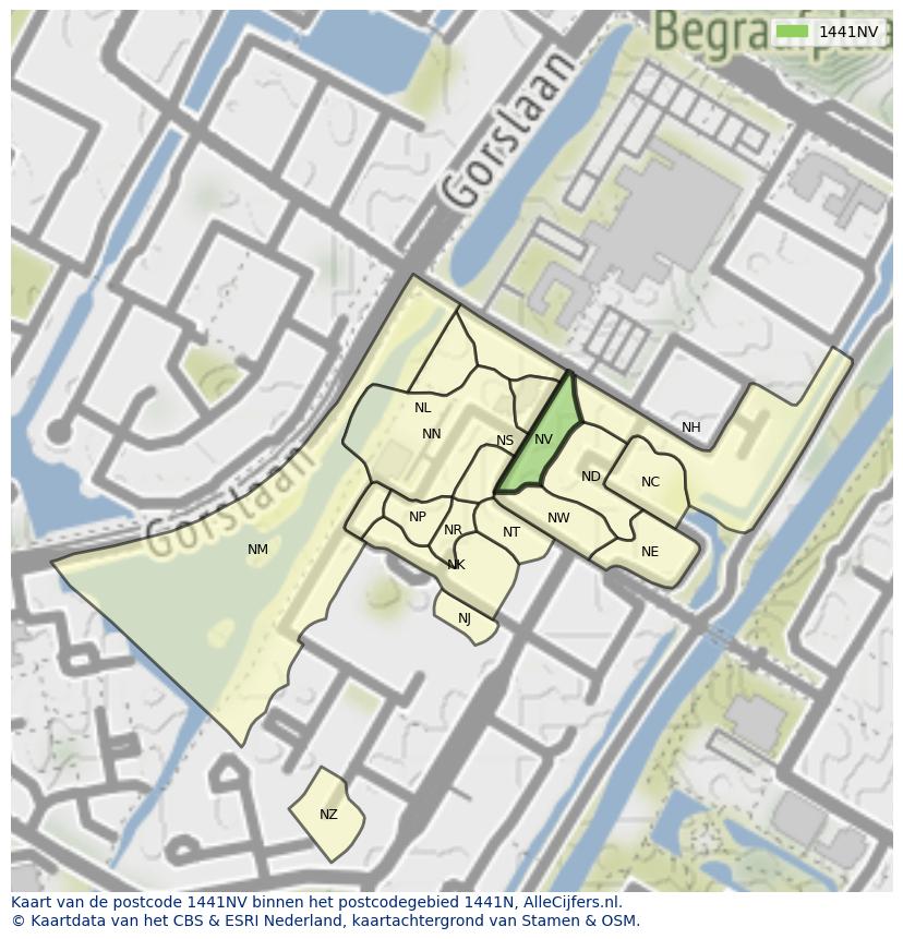 Afbeelding van het postcodegebied 1441 NV op de kaart.