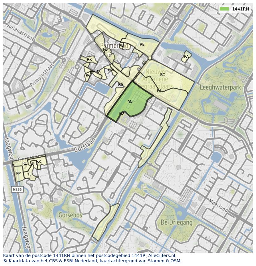 Afbeelding van het postcodegebied 1441 RN op de kaart.