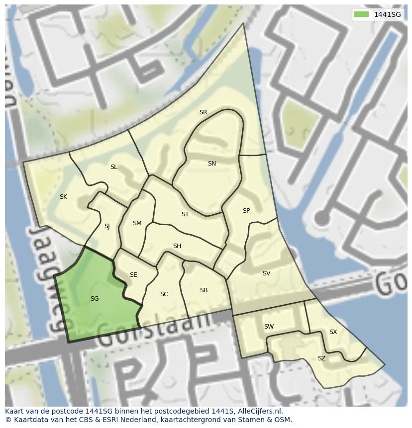 Afbeelding van het postcodegebied 1441 SG op de kaart.